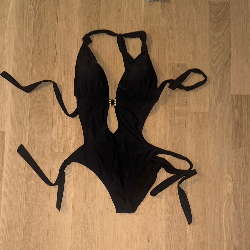 Black Cutout One-Piece Swimsuit with Gold Accent